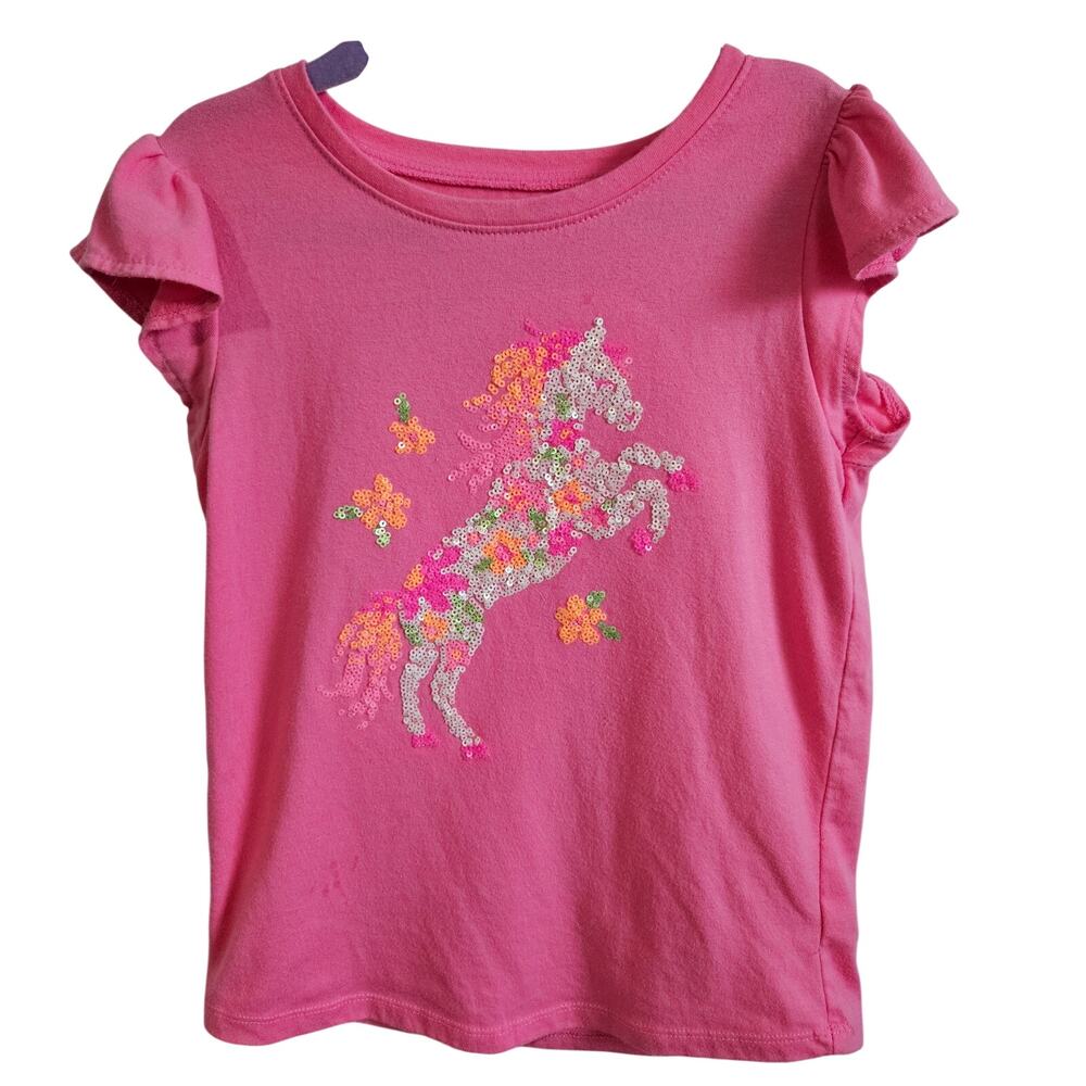 Jumping Bean Ruffle Sleeve Tee Shirt Pink Sequin Unicorn Bedazzled Kids Size 7